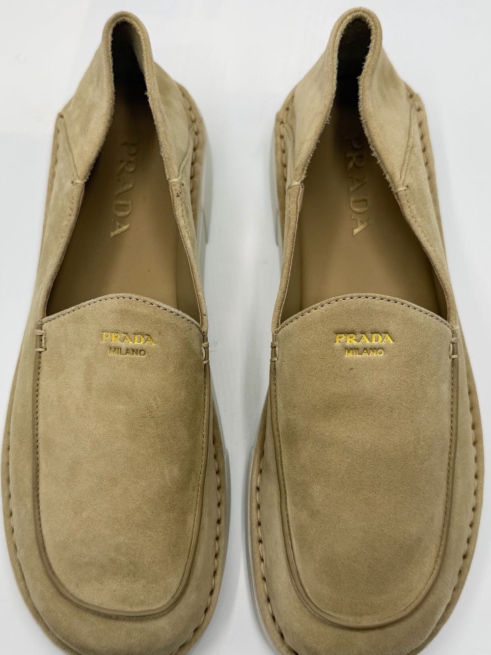 NIB Prada Suede Slip-On Loafers Ecru Beige Gold Logo Moc Toe Women’s EU 37.5